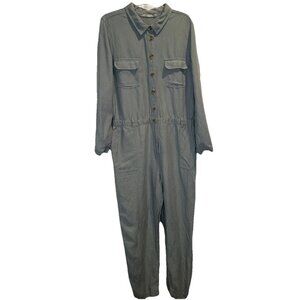 Soft Surroundings Womens Seafoam Green Kerry Long Sleeve Linen Jumpsuit Sz 18